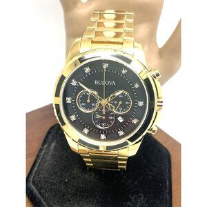 Bulova Men's Watch 97D121 Chronograph Diamond Black Dial Gold Stainless Steel